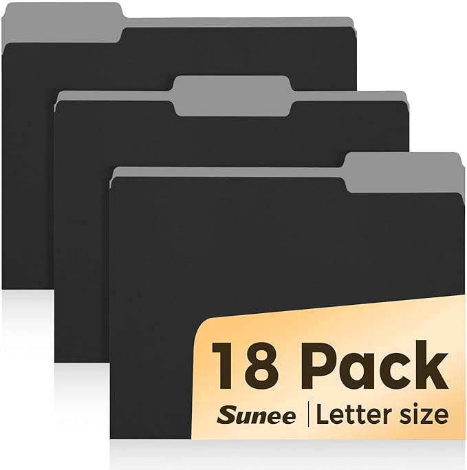 SUNEE File Folders, 18 Pack Manilla Folders 8.5 x 11, 1/3 Cut Tab for Easy Labeling and Organization, Durable Standard Paper for Home, Office, School Filing, Black