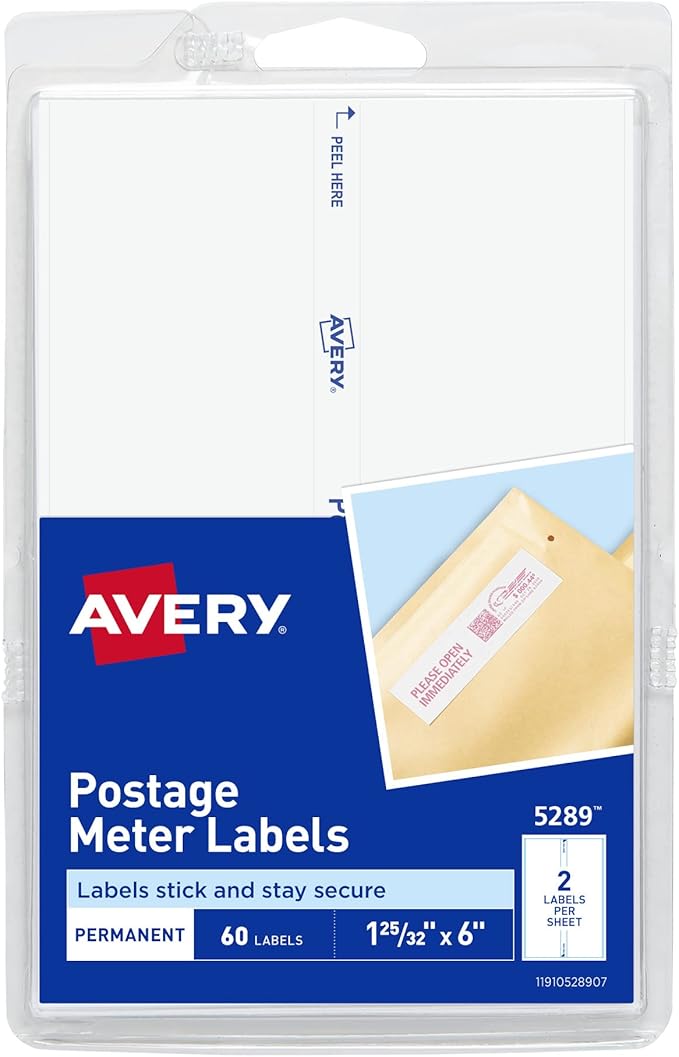 Avery Postage Meter Labels for Personal Post Office, 1-25/32" x 6", White, 60 Mail Meter Labels (05289)