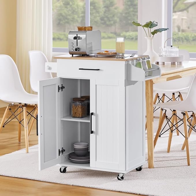 Yaheetech Kitchen Cart with Bamboo Tabletop, 32" Width Rolling Kitchen Island with Drawer and Adjustable Shelf, Storage Cabinet with Spice Rack Towel Bar for Dining Room Kitchen Living Room, White