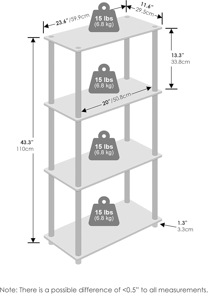 Furinno Turn-N-Tube Book Shelf, 4-Tier Bookshelf, Bookcase with Multipurpose Compact Display Rack, 11.6 x 23.6 x 43.2, for Living Room, Bedroom, Home Office, Walnut/Brown
