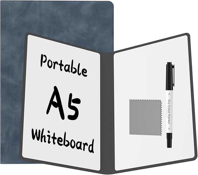 Portable Dry Erase Board,Reusable Whiteboard Notebook, Double-Sided White Board PU Cover 9.5"x6.6" with Marker,Wipe Cloth (Grey)