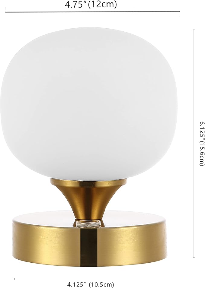 JONATHAN Y 6.13" Brass Gold/White Modern Cordless Rechargeable LED Table Lamp, Frosted White Glass Shade, Touch Dimmable Mini Accent Light for Bar, Bedroom, Nightstand (JYL7112C)