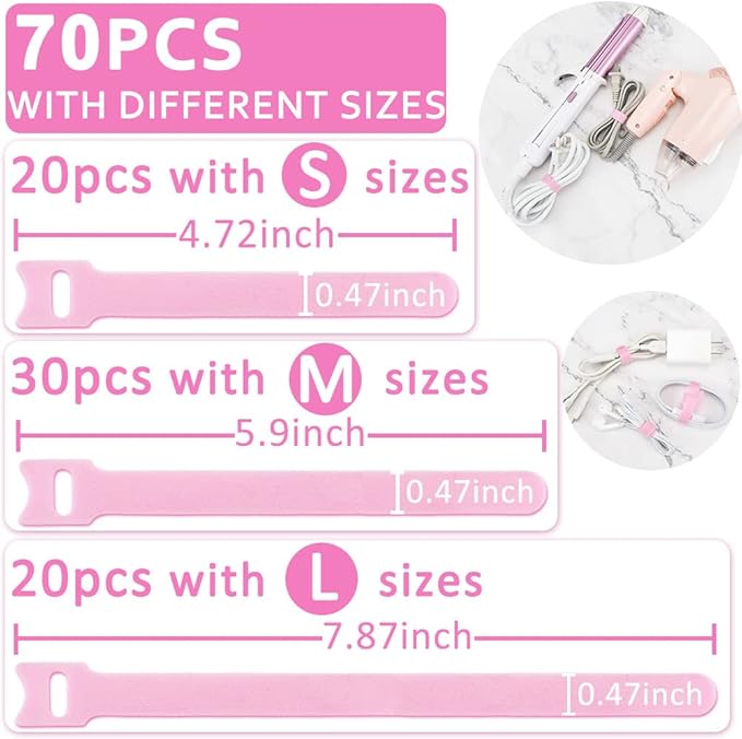 70pcs Cable Ties Reusable Pink Wire Ties Cable Management Cord Ties Reusable for Electronics Hook and Loop Cable Ties for Computer 4 6 8 Inch