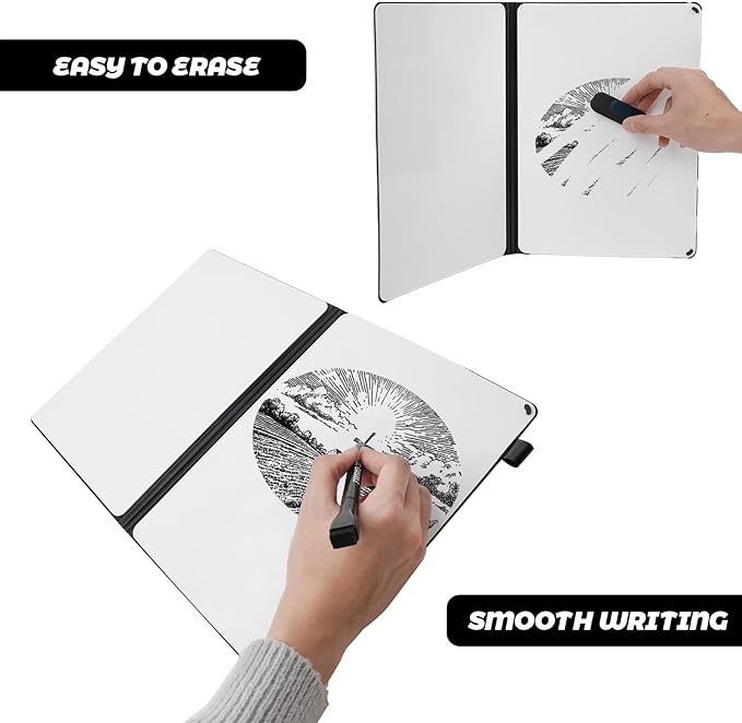 Portable White Board Small Dry Erase Board, 9" x 12" Double Sided Folding Whiteboards with 3 Pens, A4 Reusable Notebook with Storage Mesh Bag for Study, Meeting, Draft, Notes, Doodling