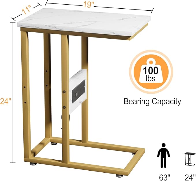 VECELO C Shaped End Table with Charging Station & Power Outlets, Quick Access Side Table for Sofa, C Bedside for Living Room Bedroom 2 Set,Gold