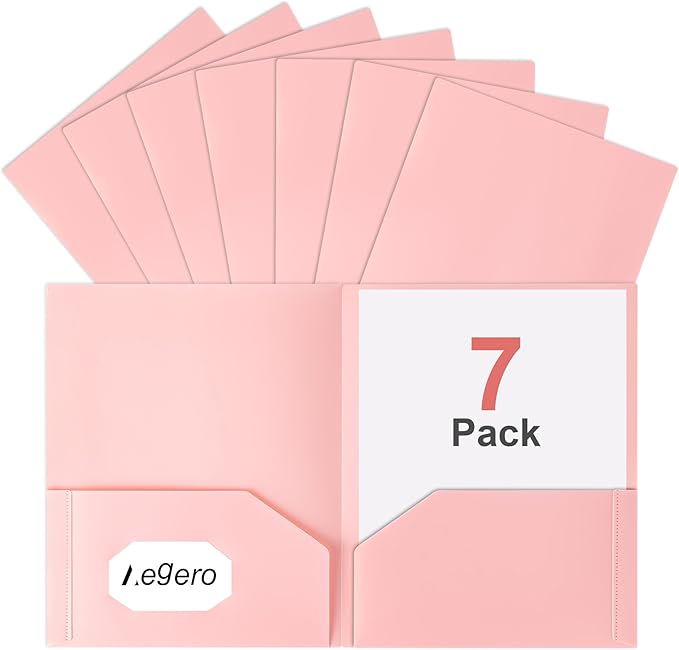 Plastic Folders with Pockets (7 Pack, Pink), Durable Heavy Duty File Folders with Business Card Slot, 2-Pocket Folder for Schoolwork & Office,Letter Size