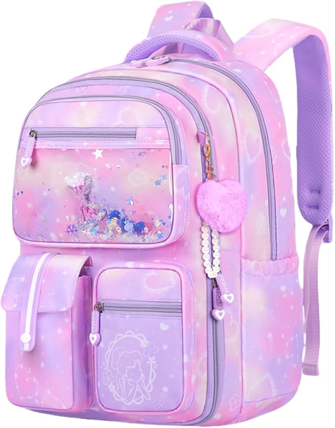 Backpack for Girls Cute Bow Kids Backpack for Elementary School Students Bookbag Middle School Bags for Girls Travel Back Pack, Dreamy Purple