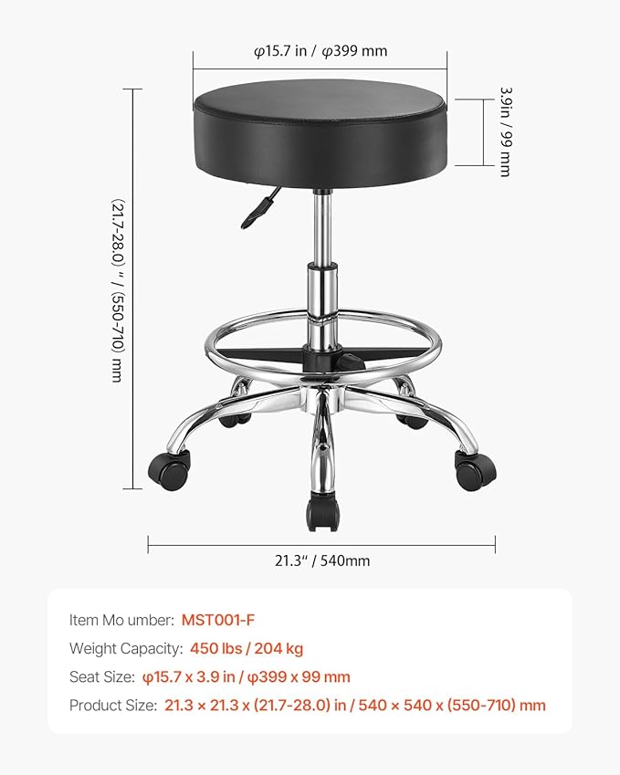VEVOR Rolling Stool with Foot Rest and Wheels, 450 LBS Weight Capacity Round Rolling Stool Chair, Height Adjustable Thickened PU Leather Swivel Stool for Salon, Spa, Massage, Tattoo, Clinic, Black