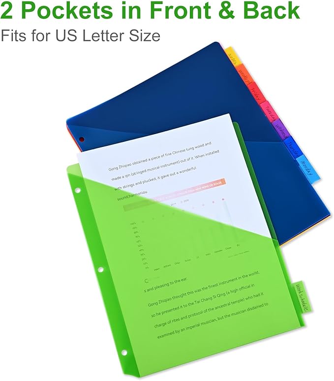 8-Tab Binder Dividers - Index Pockets Divider for 3 Ring Binders, 3-Hole Plastics Sheets Protectors for US Letter Size in 0.5'', 1'', 2'', 3 inch Binders, 8 Colors (XY004) (12 Packs)