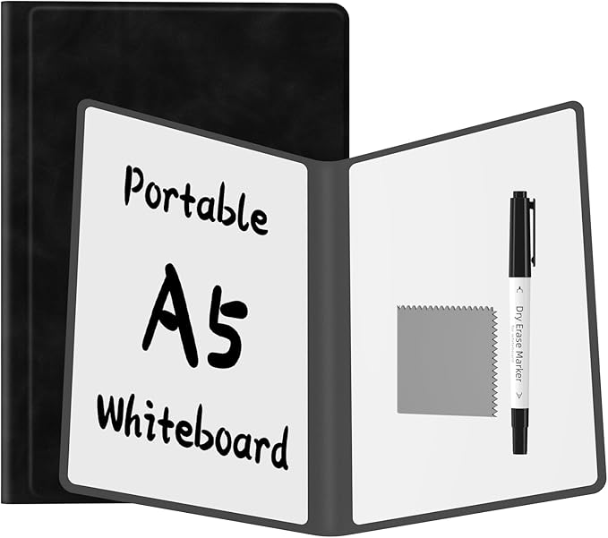 Portable Dry Erase Board,Reusable Whiteboard Notebook, Double-Sided White Board PU Cover 9.5"x6.6" with Marker,Wipe Cloth (Dark Black)