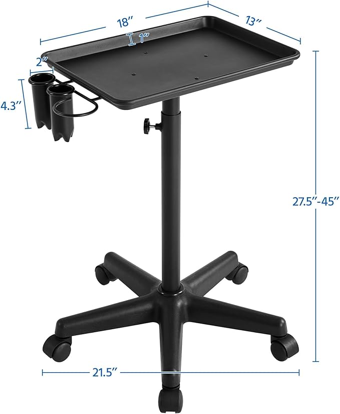 Yaheetech Rolling Salon Tray - Aluminum Trolley Cart Equipment on Wheels & Adjustable Height Mobile Beauty Salon Spa Stools Service Instrument Storage Tray w/Accessory Caddy - Black