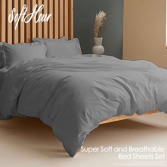 Twin XL Grey Sheet Set, 4 Piece Microfiber Bed Sheets，Soft Flat Bed Sheets Cover, Hotel Luxury 1800 High Thread Count Comfy Sheets, 21" Deep Pocket Fitted Sheets, Wrinkle Free-Grey