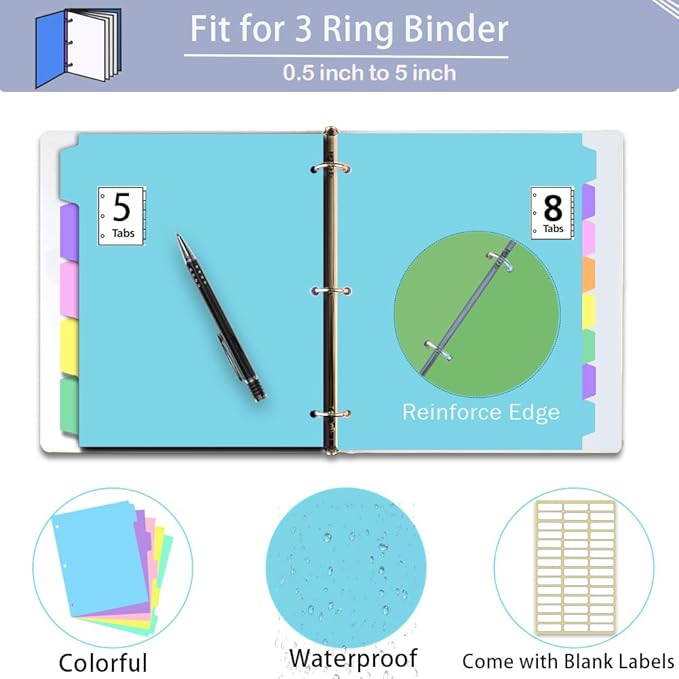 24Pcs/3 Sets Binder Dividers for 3 Ring Binder,8 Tab Plastic Dividers with Tabs, Pastel Color File Dividers, Notebook Dividers for School, Office