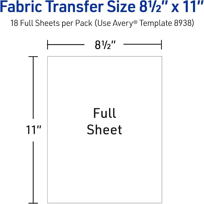 Avery Printable Heat Transfer Paper for Light Fabrics, 8.5" x 11", Inkjet Printer Compatible, 18 Sheets of Iron On Transfer Paper, Great for Custom Shirts, Uniforms, Gifts, and More (8938)