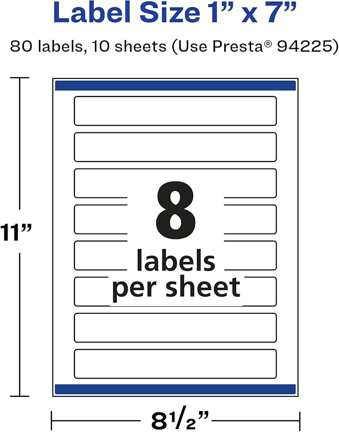 Avery Glossy White Rectangle Labels, Sure Feed Technology, 1" x 7", 80 Glossy White Labels, Print-to-The-Edge, Permanent Adhesive, Laser/Inkjet Printable