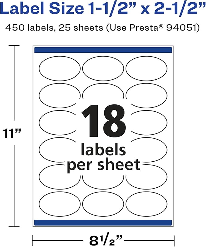 Avery Glossy White Oval Labels, Sure Feed Technology, 1.5" x 2.5", 450 Glossy White Labels, Permanent Adhesive, Laser/Inkjet Printable