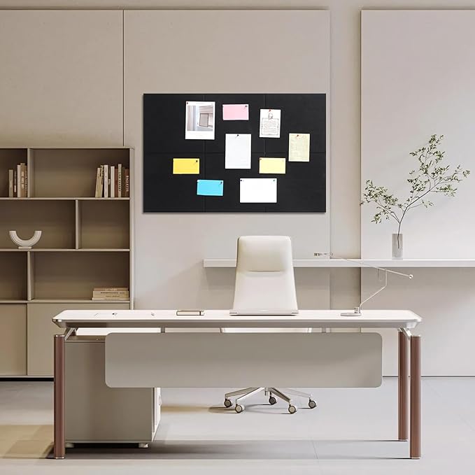 Large Cork Board 36" x 24", 6 Pack Felt Bulletin Board with 30 Pushpins, Cork Boards Alternative with Self-Adhesive Strips, Felt Wall Tiles Pin Boards for Walls Office Home School Decor-Black