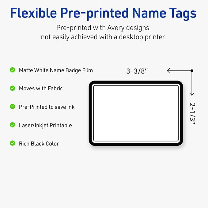 Avery Printable Adhesive Name Tags, 2-1/3" x 3-3/8", Matte White with Double Black Border Design, Removable, Laser & Inkjet Compatible, 80 Total, Great Name Badges for Weddings & Events