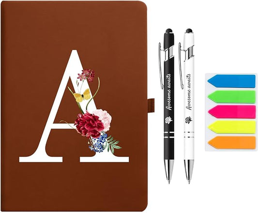 Premium Hardcover Executive Notebook and Pen Set - A5 Journal Notebook 192 Line Pages, 2 Smooth-Writing Ballpoint Pens, Arrow Sticky Notes - For Office & School Supplies Letter A Floral Design Brown
