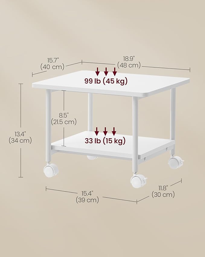 VASAGLE Heavy-Duty Printer Stand with Locking Wheels, 2-Tier Industrial Mobile Cart with Storage Shelf, Under Desk Printer Table for Home, Office, 13.4" Height, White UOPS002W01