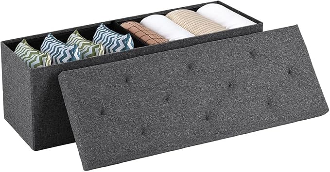 43 Inches Folding Storage Ottoman Bench, Ottoman Foot Rest, Storage Chest, End of Bed Foot Rest Stool with Padded Seat for Living Room, Bedroom, Entryway, Support 660lbs, Linen, Grey