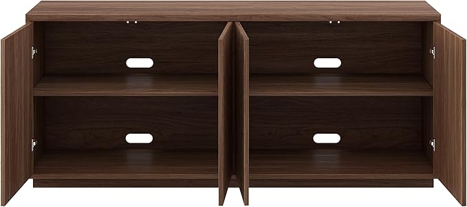 Henn&Hart 68'' Fluted Sideboard Buffet Cabinet, Ribbed Modern Wooden Credenza with 4 Doors, Adjustable Shelves, and Cable Management Cut-Outs for Dining Room, Kitchen, or Living Room, Satin Walnut