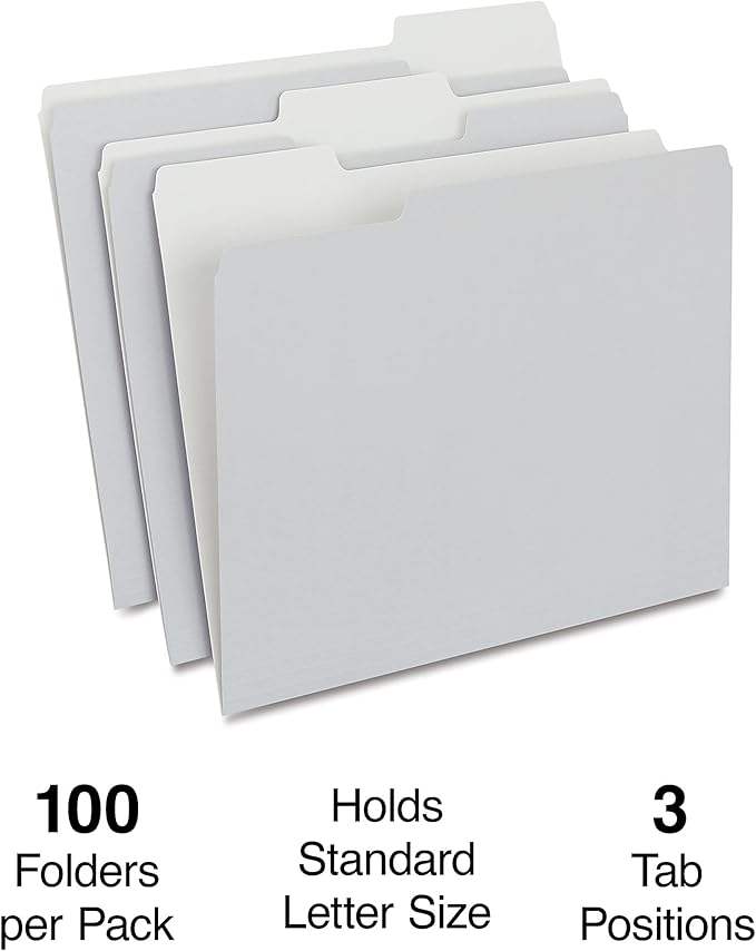 Staples Colored File Folders, Letter Size, 3‑Tab Top‑Tab Design, Gray, Durable Paper Stock, 100/Pack