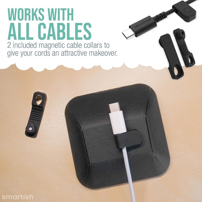 Smartish® Magnetic Cord Holder - Cable Wrangler Organizer with Magnet Clips for Charger Management on Desktop, Nightstand for USB-C + Lightning - Black Tie Affair