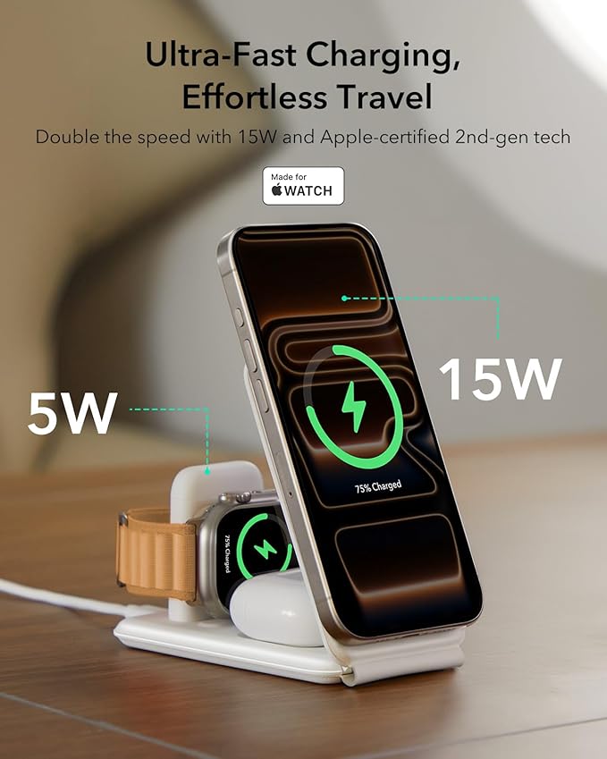 ESR 3 in 1 Charging Station for Apple, 15W MagSafe Charger Stand, MagSafe Travel Charger for iPhone 17/16/15/14/13/12 Series, Watch, AirPods, White (Bag Included)