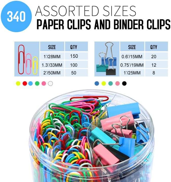 Paper Clips Binder Clips, 340PCS Assorted Size Paper Clips and Binder Clips, Colored Paperclips Large Medium Small, Binder Clip and Paper Clip Set for Home School Office Supplies