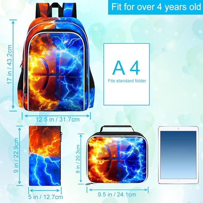 gxtvo 3PCS Boys Basketball School Backpack, 17" Kids Bookbag with Lunch Box, Water Resistant Middle Elementary School Bag - Fire & Lightning Basketball
