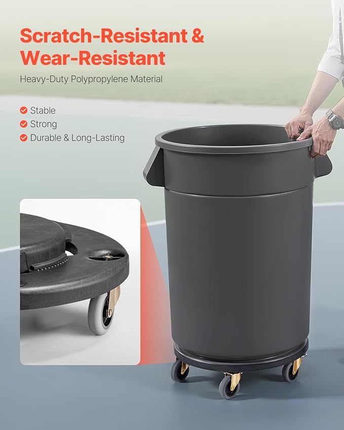 VEVOR Trash Can Dolly, Fit 20, 32, 44, 55 Gallon Containers, Round Trash Can Roller Base with 4 Lockable Wheels, 500lbs Weight Capacity, Heavy Duty Barrel Dolly, Multi-Functional Rolling Cart