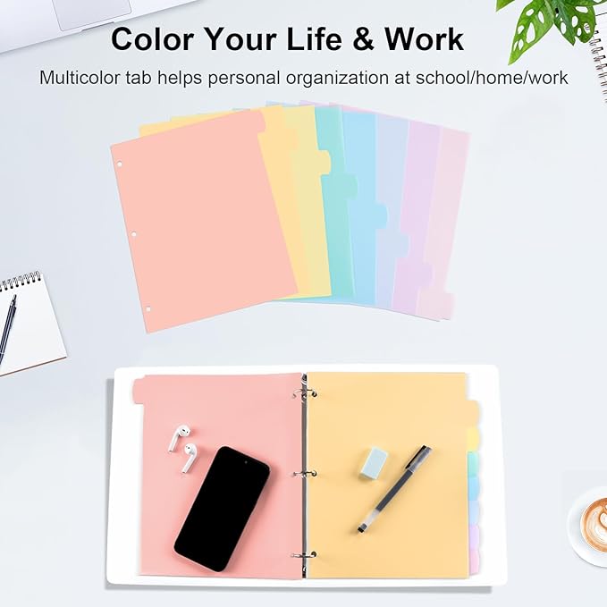 16 Count/2 Sets Write & Erase Binder Dividers with Tabs, Plastic 8 Tab Dividers for 3 Ring Binder Letter Size, Separators for Student School Home Office Document Organizer, Pastel