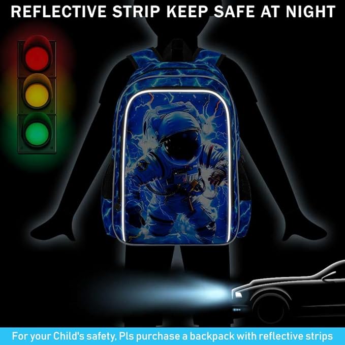 KLFVB 3PCS Lightning Bookbag for Boys, 17" Astronaut Backpack and Lunch Box, Water Resistant Teenagers School Backpacks for Middle Elementary - Lightning Space Adventure