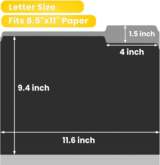 SUNEE File Folders, 18 Pack Manilla Folders 8.5 x 11, 1/3 Cut Tab for Easy Labeling and Organization, Durable Standard Paper for Home, Office, School Filing, Black