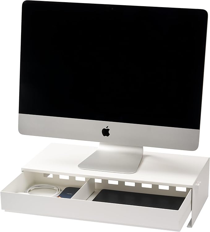 YAMAZAKI Home Tower Monitor Stand With Drawer – Monitor Riser With Storage, Desk Monitor Stand With Cable Management, Gaming Organizer, Steel, Black - Steel