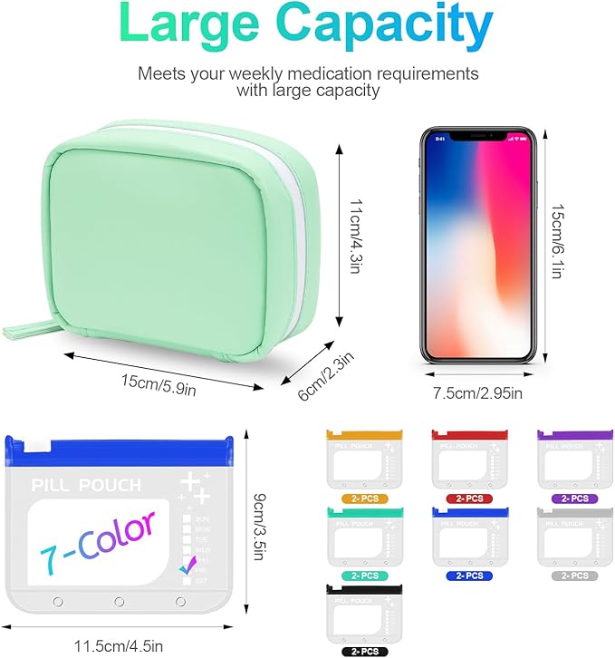 A8 Waterproof Pill Organizer Set, Twice-Daily Large Pill Organizer for Seven Days, Pill Storage with 14 Color-Coded Pouches, Reusable Travel Medicine Organizer