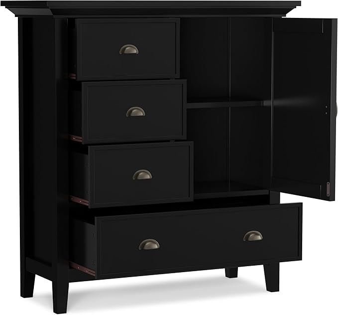 SIMPLIHOME Redmond Storage Cabinet - 39 inch Wide Solid Wood Medium Storage Cabinet in Black, Transitional Accent Cabinet for Entryway or Living Room with 4 Drawers and Cabinet Storage