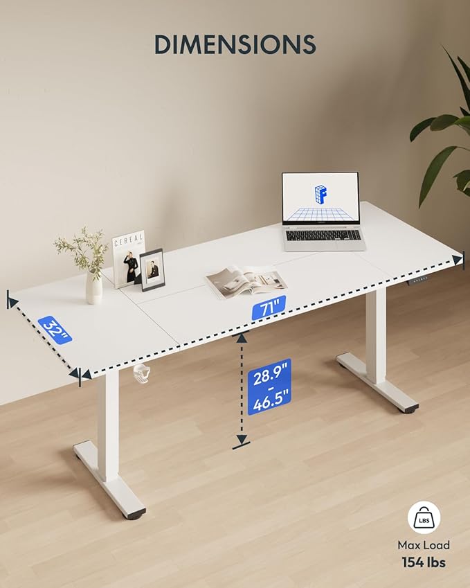 FLEXISPOT 71x32 Inch Electric Large Standing Desk for Home & Office, Spacious Splice Board Desk with Cable Management & Organizer, Cup Holder & Hook, White