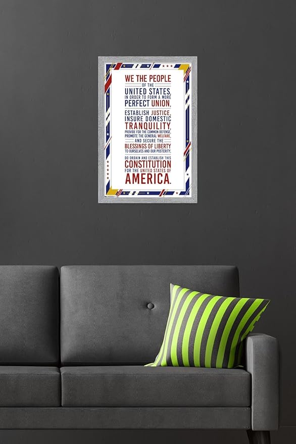 The United States Of America - Constitution Preamble Wall Poster, 22.4L" x 14.7W", Gray Framed Version