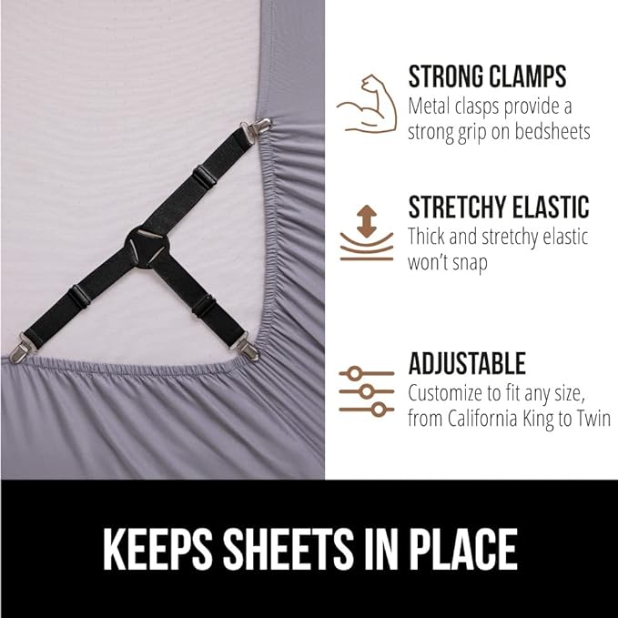 Gorilla Grip Bed Sheet Straps and Headboard Gap Pillow, Sheet Fasteners 8 Pack Black, Easy Install Sheet Suspenders, Headboard Gap Pillow Size King Gray, Dense Foam Wedge, 2 Item Bundle