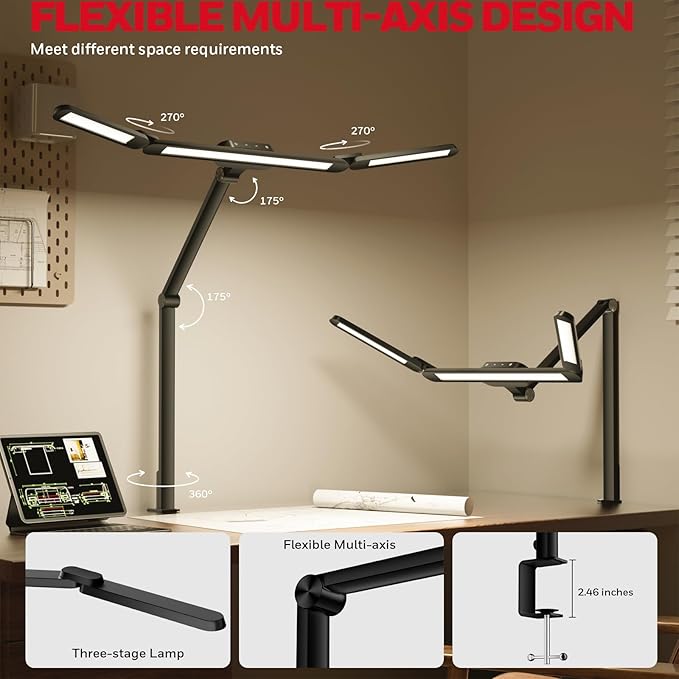 Honeywell LED Desk Lamp with Clamp - HJ3B Sunturalux Eye-Caring Desk Light for Home Office, 22W Ultra Bright 3-Section Adjustable Task Lamp with Stepless Dimming for Dual Monitor Lighting