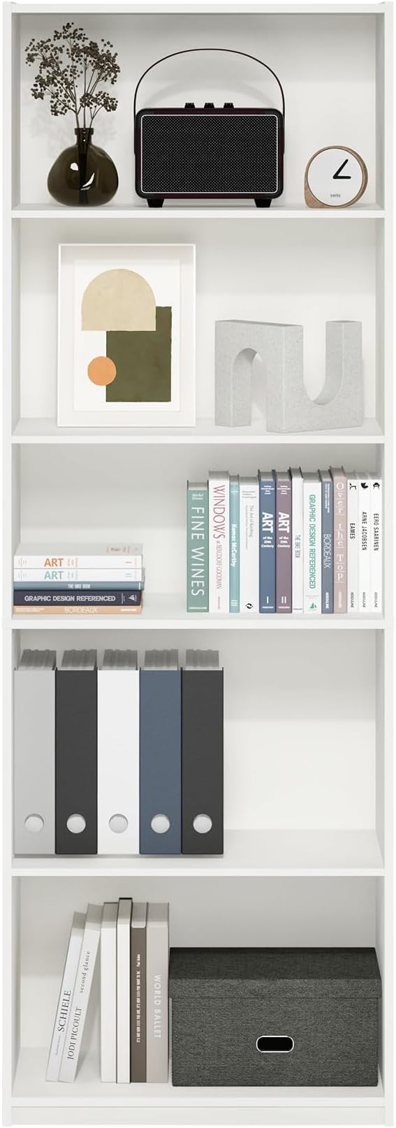 Furinno GEHRY Book Shelf, 5-Tier Bookshelf, Bookcase with Adjustable Shelves, 11.6 x 24.8 x 71.4, for Living Room, Bedroom, Home Office, White