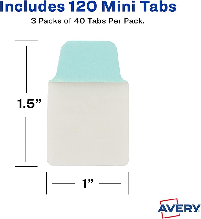 Avery Ultra Tabs, Mini Tabs, 1" x 1.5", 2-Side Writable, Assorted Pastel Colors, Self Adhesive, Repositionable, 40 Per Pack, 120 Total (3-Pack of 74761)