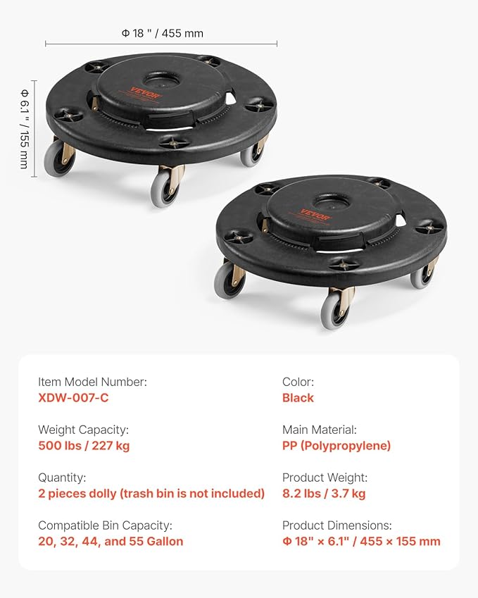 VEVOR Trash Can Dolly, Fit 20, 32, 44, 55 Gallon Containers, 2 Packs Round Trash Can Roller Base with 4 Swivel Wheels, 500lbs Heavy Duty Barrel Dolly, Multi-Functional Rolling Cart