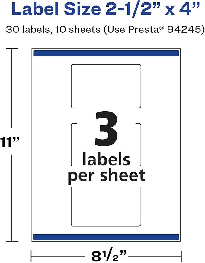 Avery Glossy White Rectangle Labels, Sure Feed Technology, 2.5" x 4", 30 Glossy White Labels, Print-to-The-Edge, Permanent Adhesive, Laser/Inkjet Printable