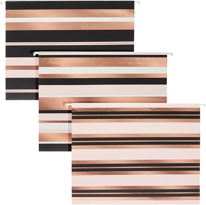 12 Pack Decorative Hanging File Folders, Letter Size, 1/5 Cut Tabs, Rose Gold Foil Stripes (9.5 x 11.5 in)