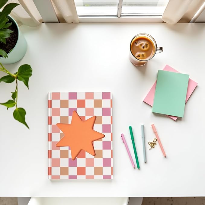 Pearhead Pink & Orange Star Cutout Hardcover Graph Notebook, 6.25x8.25 Grid Journal for Bullet Journaling, Planning & School Notes, 200 Pages