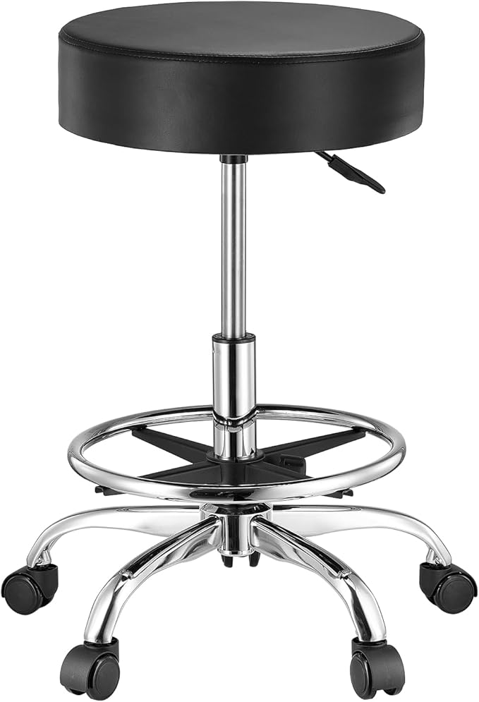 VEVOR Rolling Stool with Foot Rest and Wheels, 450 LBS Weight Capacity Round Rolling Stool Chair, Height Adjustable Thickened PU Leather Swivel Stool for Salon, Spa, Massage, Tattoo, Clinic, Black