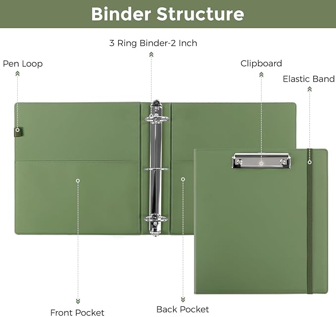 SKYDUE 3 Ring Binder with Clipboard, 2 Inch Binder, PU Clipboard Binder with Notepad & 5 Dividers with 5 Pockets, Labels, Clipboard Folder Great for School Office(Fit Letter Sized Paper)